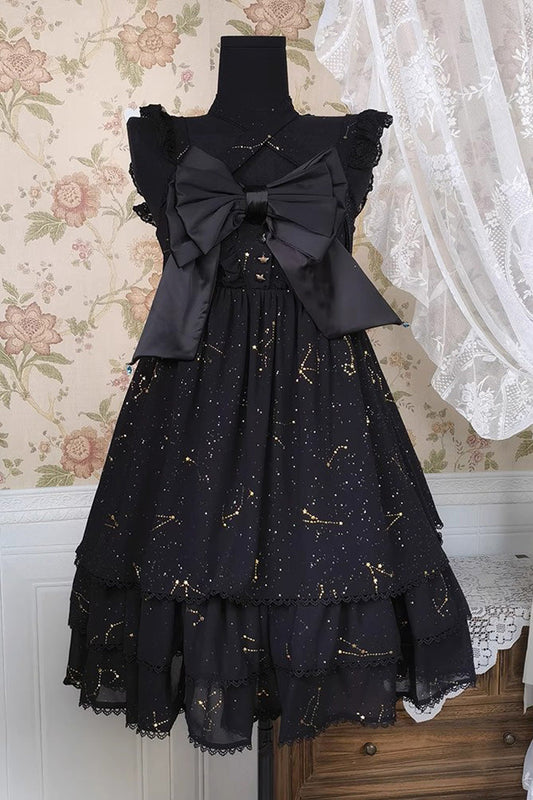 Triple-Layered Ruffle Hot Stamping Bowknot Classic Gothic Princess Lolita Jsk Dress