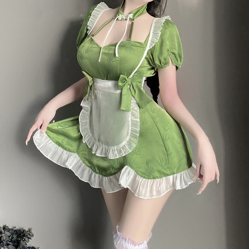 Green Maid Vintage Buckle Bow knot Lingerie Set