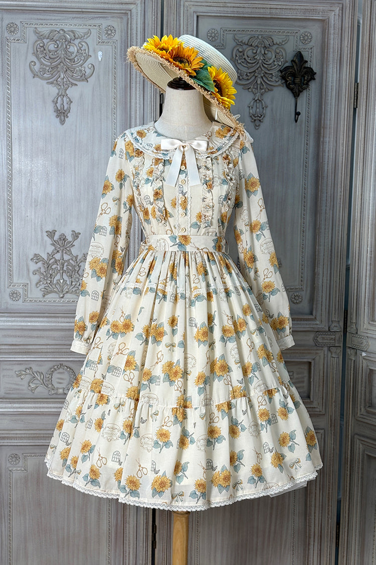 Apricot Sunflower Long Sleeve Floral Bow Elegant Lolita Dress