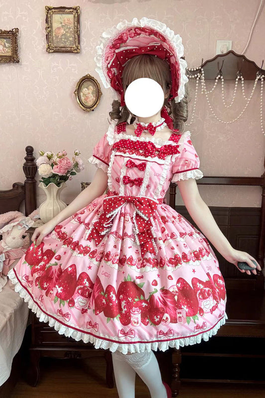 Pink Gift Box Print Ruffle Bow Lace Sweet Lolita Dress