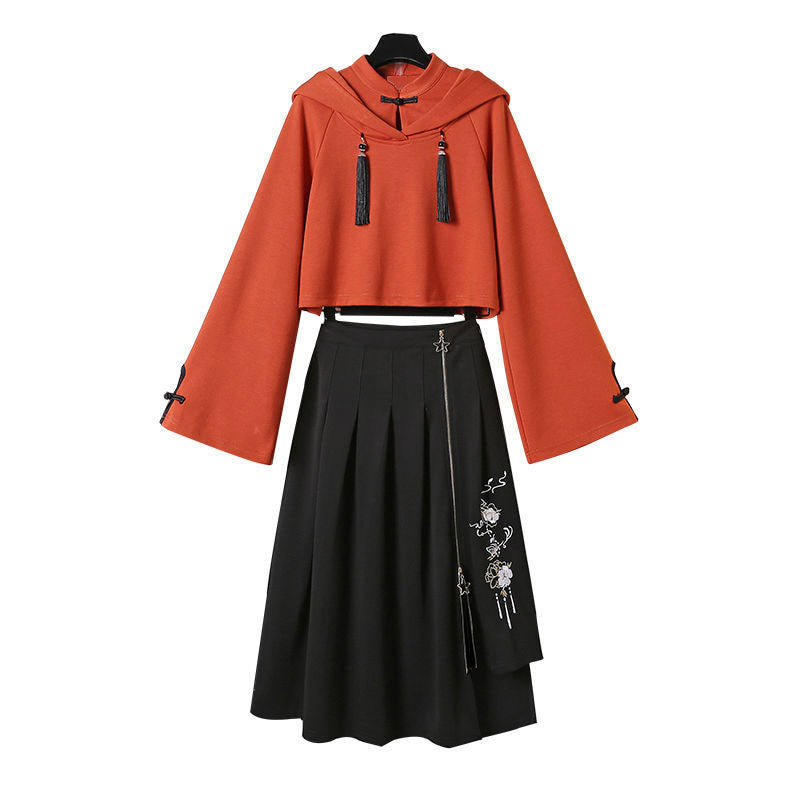 Tassel Hoodie Vintage Sweatshirt Skirt Set