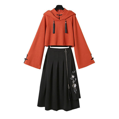 Tassel Hoodie Vintage Sweatshirt Skirt Set