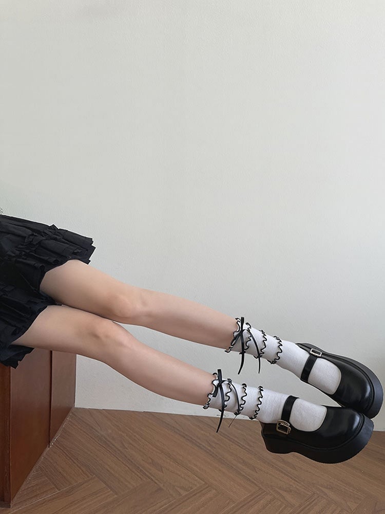 With Ruffle Bowknot Socks Calf Tiered White Black Trims