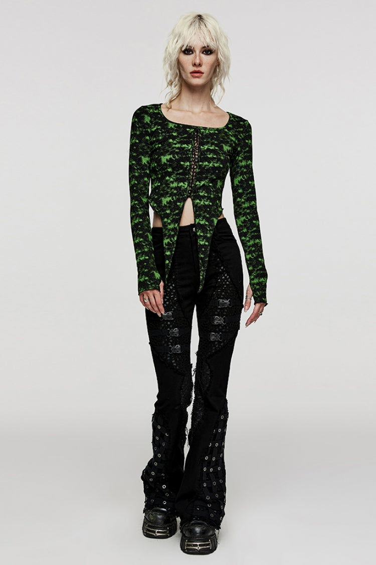 Punk Flared Pants with Eye Buckle & Unedged Cutout Design for Women