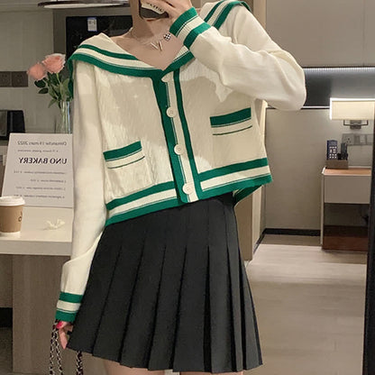 Sailor Collar Cable Sweater Casual Pants Pleated Skirt Set