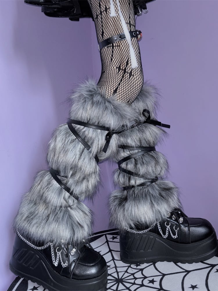 Grey Self-tie Strap Shaggy Plush Leg Warmers