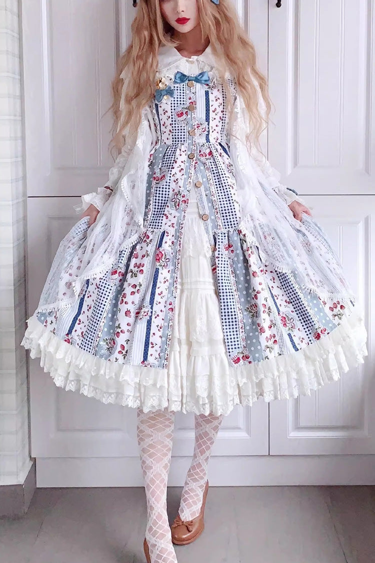 Light Blue Sweet Lolita Dress with Strawberry Plaid Print and Bowknot