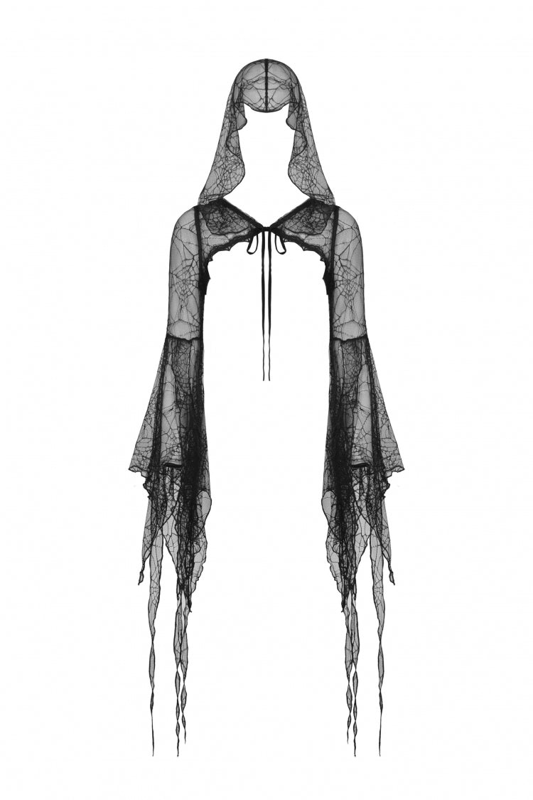 Midnight Spider Web Hooded Cape with Flared Lace-Up Sleeves - Gothic Sheer