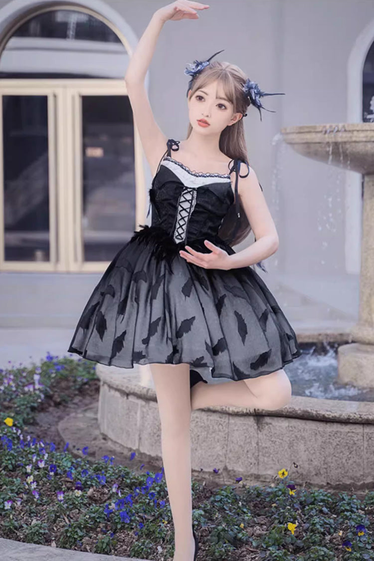 Black Swan Ballet Feather Print Gothic JSK Dress - Silent Melody