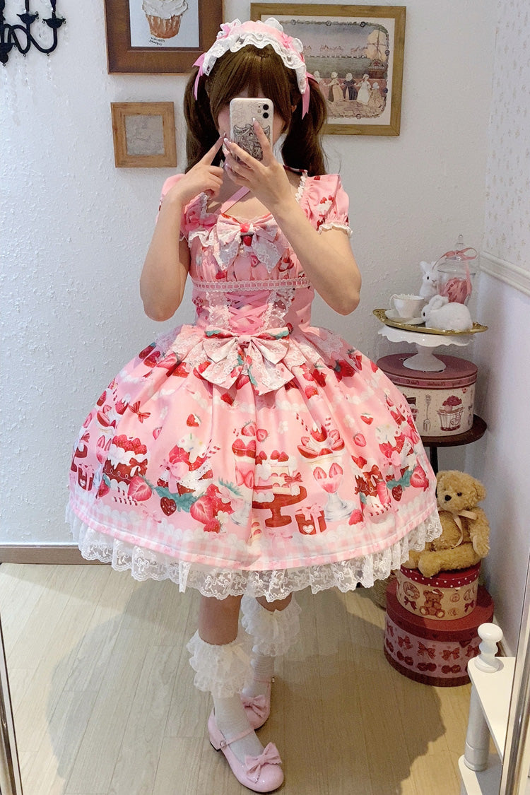Pink Strawberry Parfait Print Ruffle Bow Lace-Up Lolita Dress