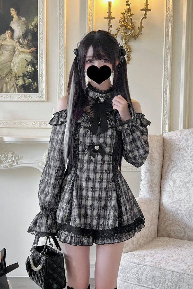 Sweet Off Shoulder Halterneck Long Sleeve Ruffled Bow Lace Jirai Kei Dress Shorts Set