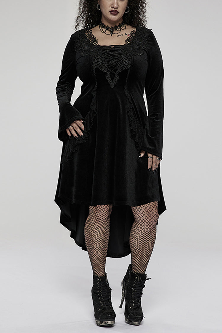 Gothic Velvet Embroidered Jacquard Neckline Trumpet Sleeve Asymmetric Dress