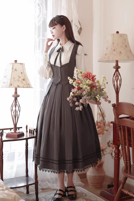 Ash Striped Gothic Skirt-Vest Ensemble with Ruffle Trim