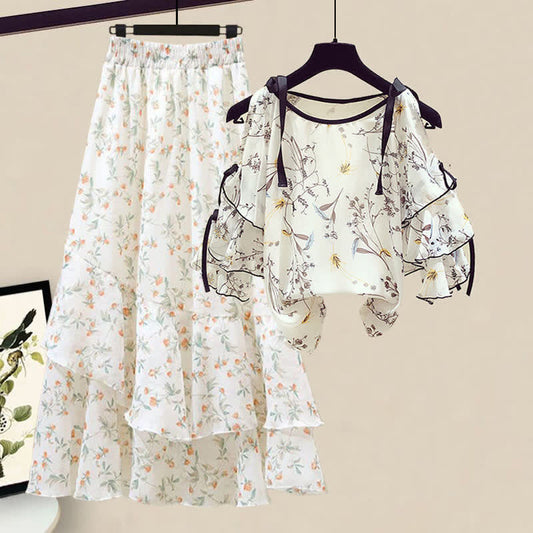 Floral Print Shoulder Chiffon Shirt Flowers Skirt