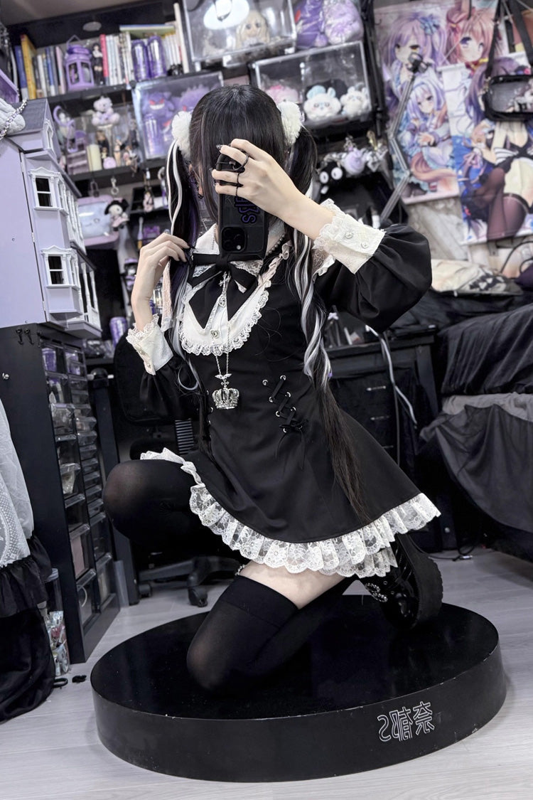 Black White Long Sleeve Hollow Bow Lace Lace-Up Sweet Jirai Kei Shorts Set