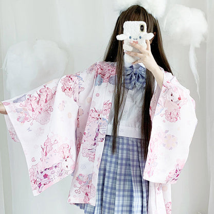 Cat Sakura Print Loose Cardigan Kimono Outerwear