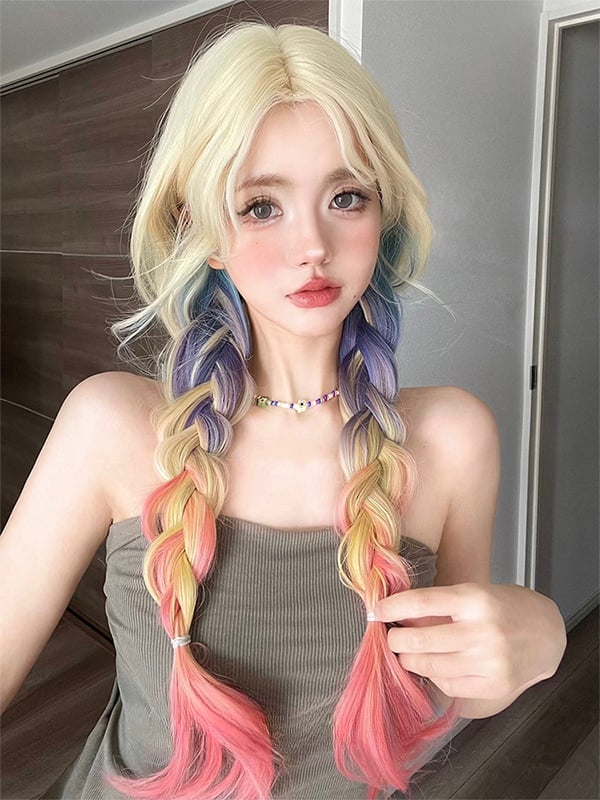 Rainbow Color Long Wavy Synthetic Wig With Curtain Bangs