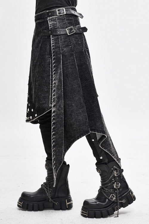 Men's Punk Rock Skirt with Metal Nails, Worn Corduroy and Wrapped Loops