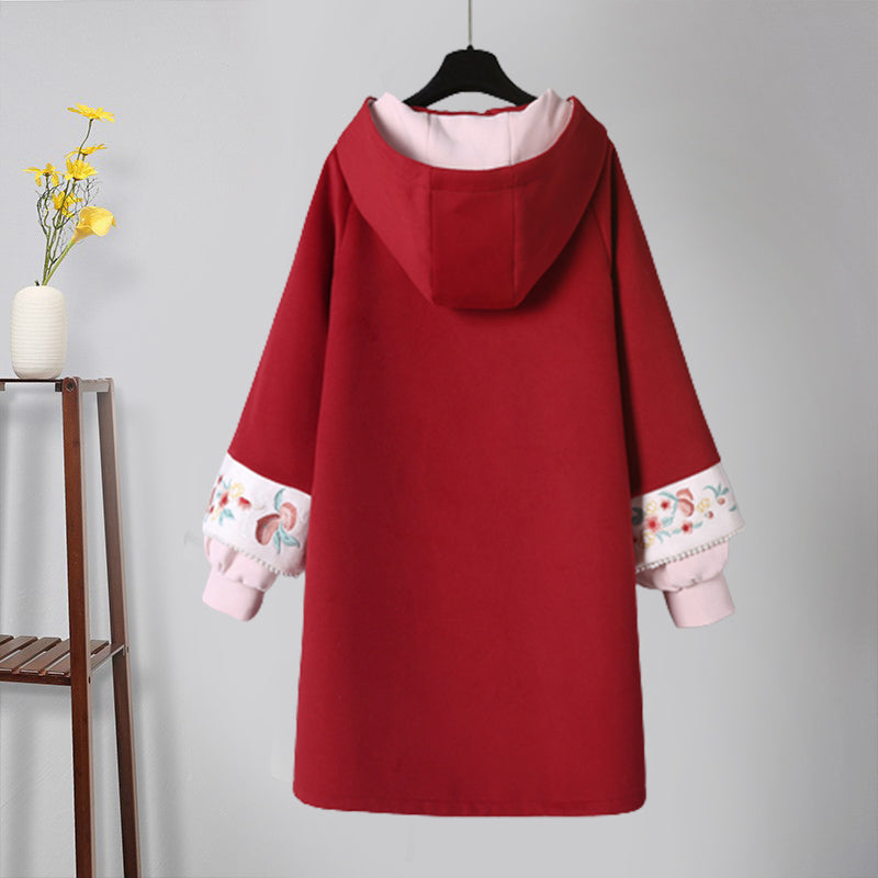 Vintage Crane Embroidery Plush Sweatshirt Dress