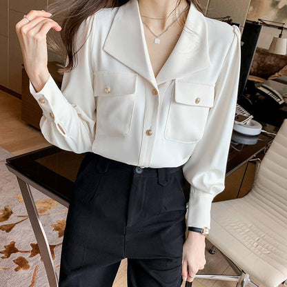 White Casual Lapel Neck Pocket Shirt