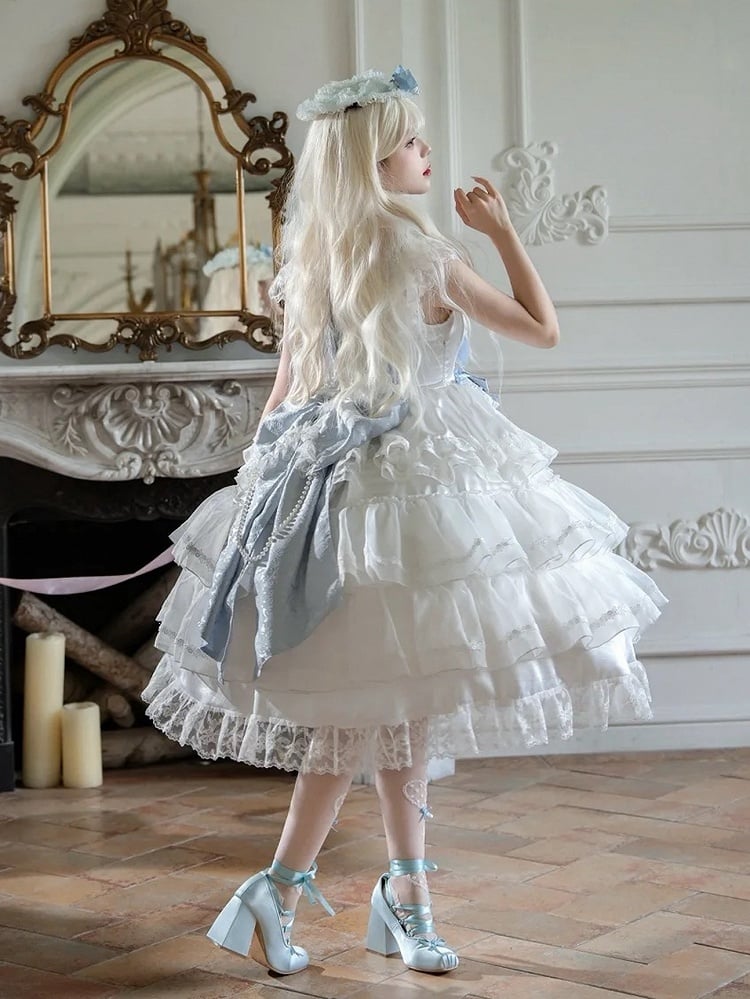and Hanayome White Hime Full Tiered Skirt Bows Decoration Blue Dress Lolita Set JSK