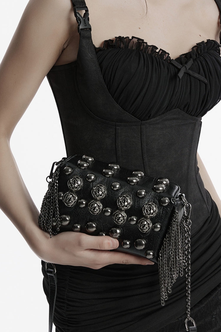 Gothic Faux Leather Clutch with Beaded Rose & Rivet Detail