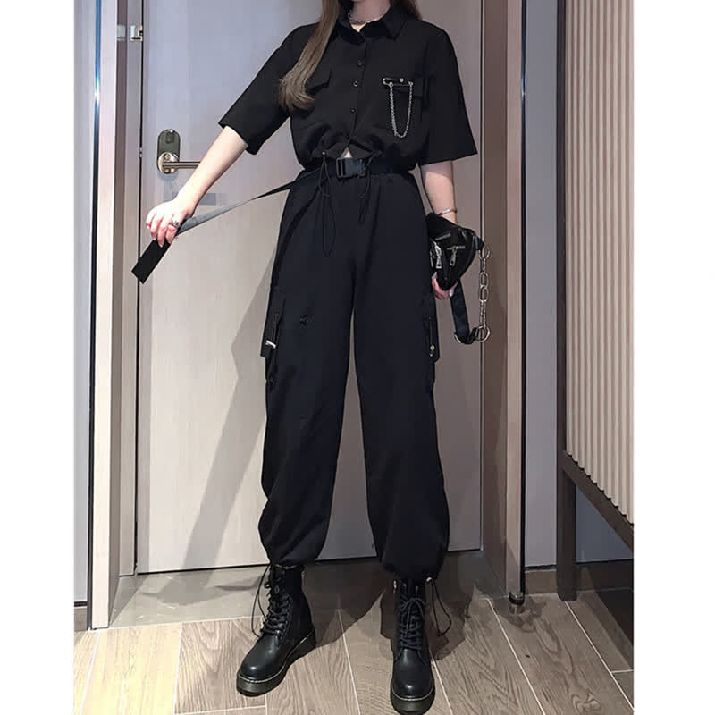 Chic Chain Pocketed Polo T-Shirt Casual Cargo Pants