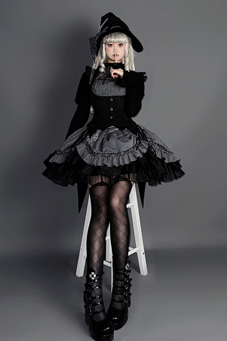 Gothic Lolita Dress with Triple-Layered Ruffle, Bowknot, Lace, Grey Potions