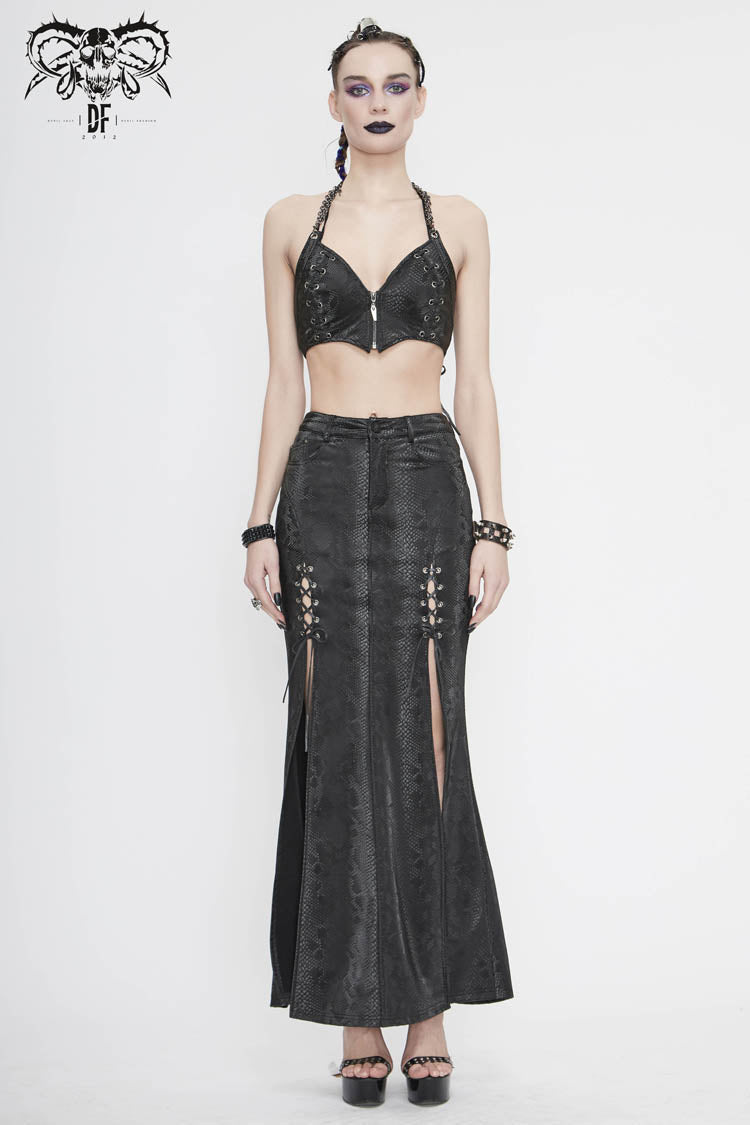 Leather-Like Side Slit Skirt with Lace-Up Rivets - Black Punk Long