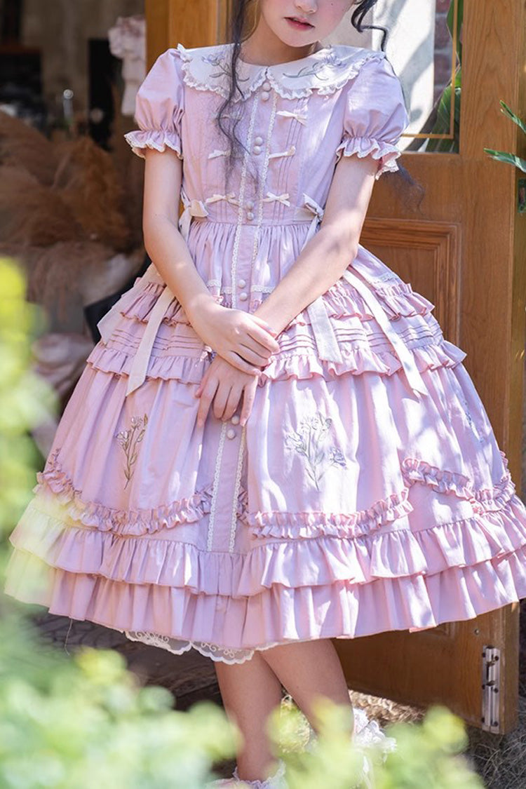 Pink Doll Collar Dress with Iris Embroidery - Sweet