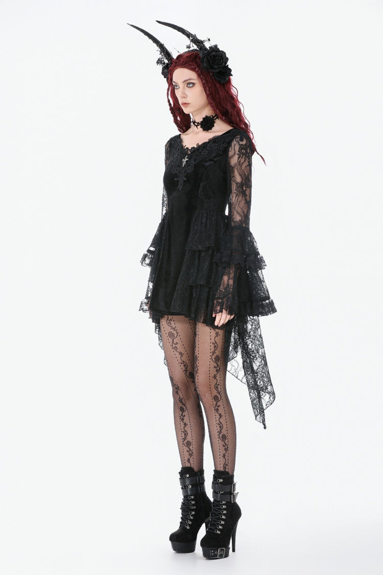 Gothic Dress with Trumpet Sleeves and Lace Up