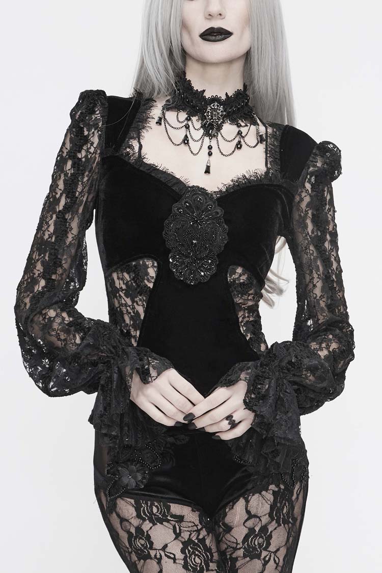 Women's Gothic T-Shirt in Black with Decals, Lantern Sleeves, Lace Cuffs & Back Lace-Up Velvet Knit