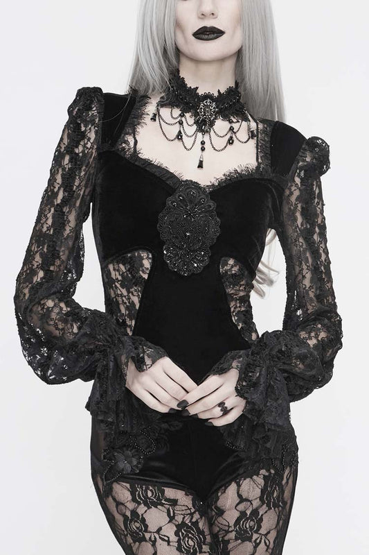 Women's Gothic T-Shirt in Black with Decals, Lantern Sleeves, Lace Cuffs & Back Lace-Up Velvet Knit