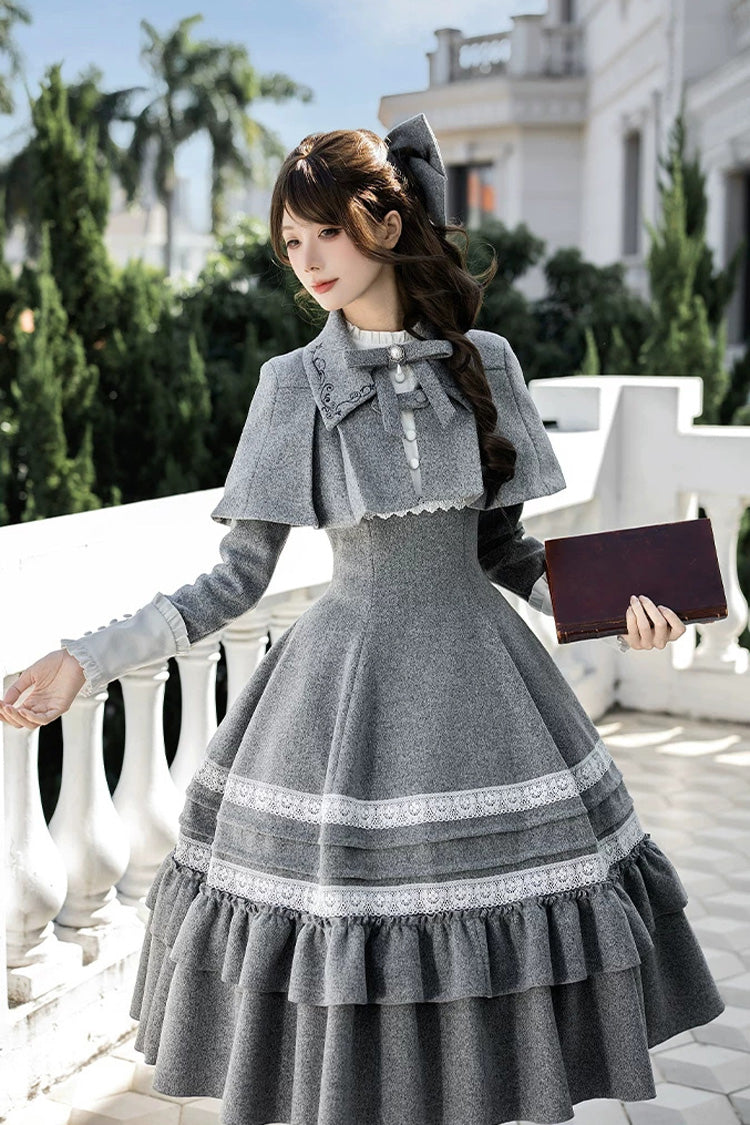 Ash Stand-Collar Ruffled Bow Lolita Gown with Poetry Motif