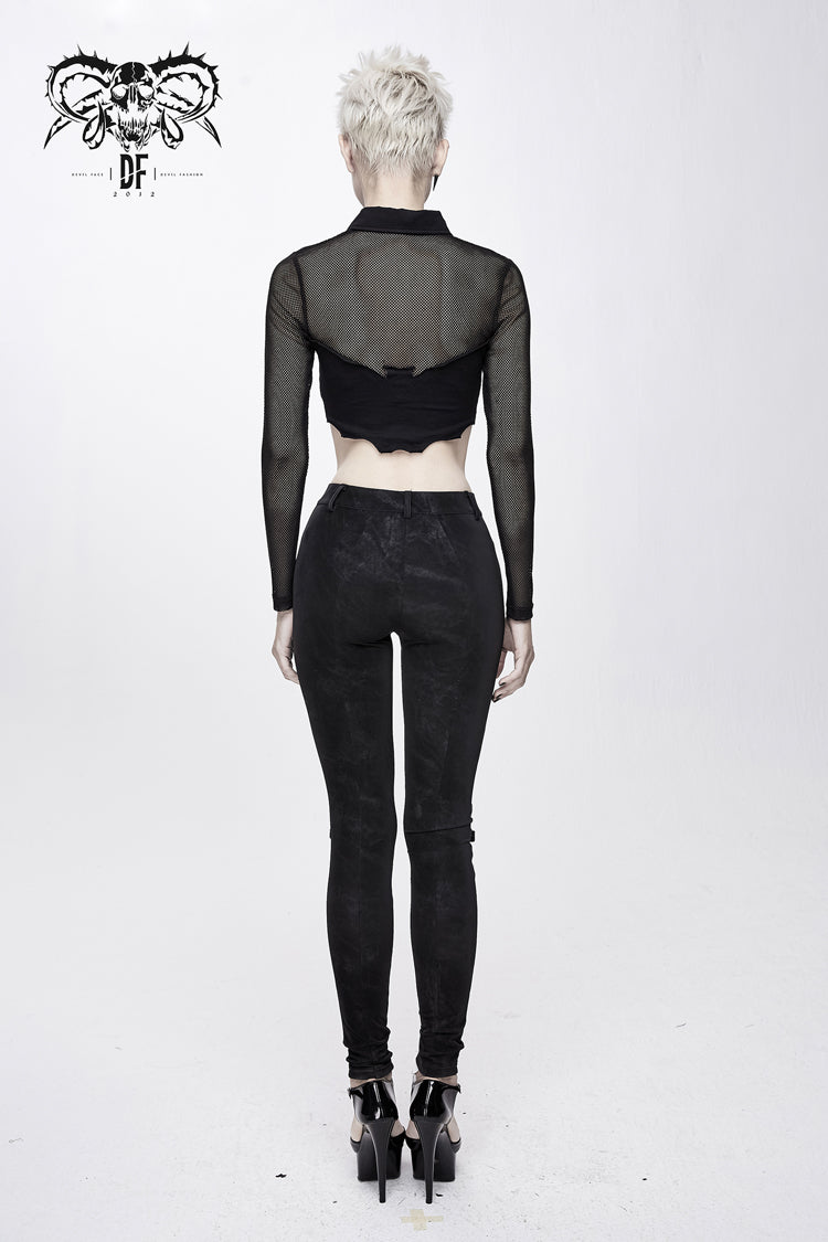 Punk T-Shirt with Bat Collar, Mesh Splice, Long Sleeves and Chest Clasp