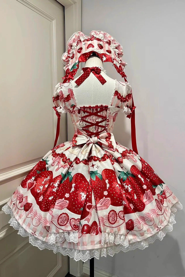 Dream to Strawberry Print Short Sleeve Ruffled Bow Lace Sweet Lolita OP Dress - 4 Colors