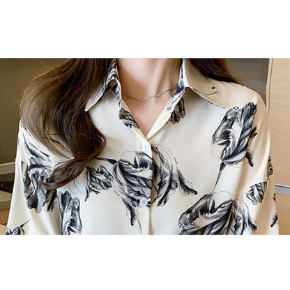 Ink Painting Blossom Print Lapel Shirt