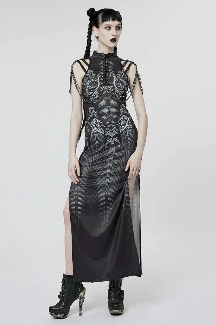 Black Printed Lace-Up Side Slit Gothic Gown with Chain