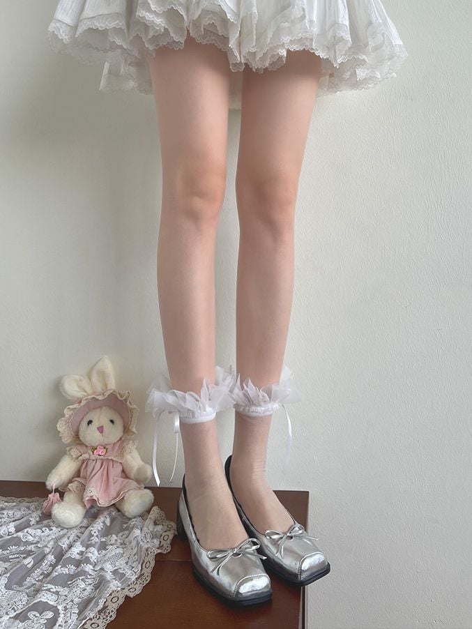 Ruffled Socks Lace Tulle Calf White/Black