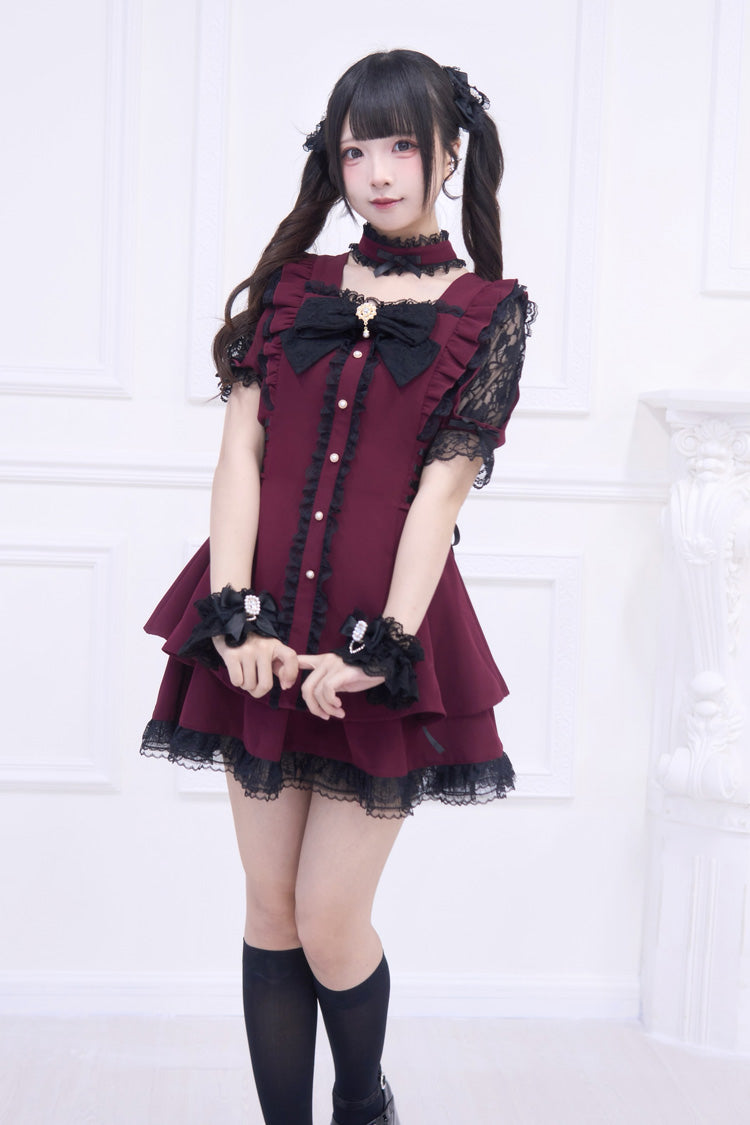 Red Short Sleeve Ruffled Bow Gothic Jirai Kei Dress Set