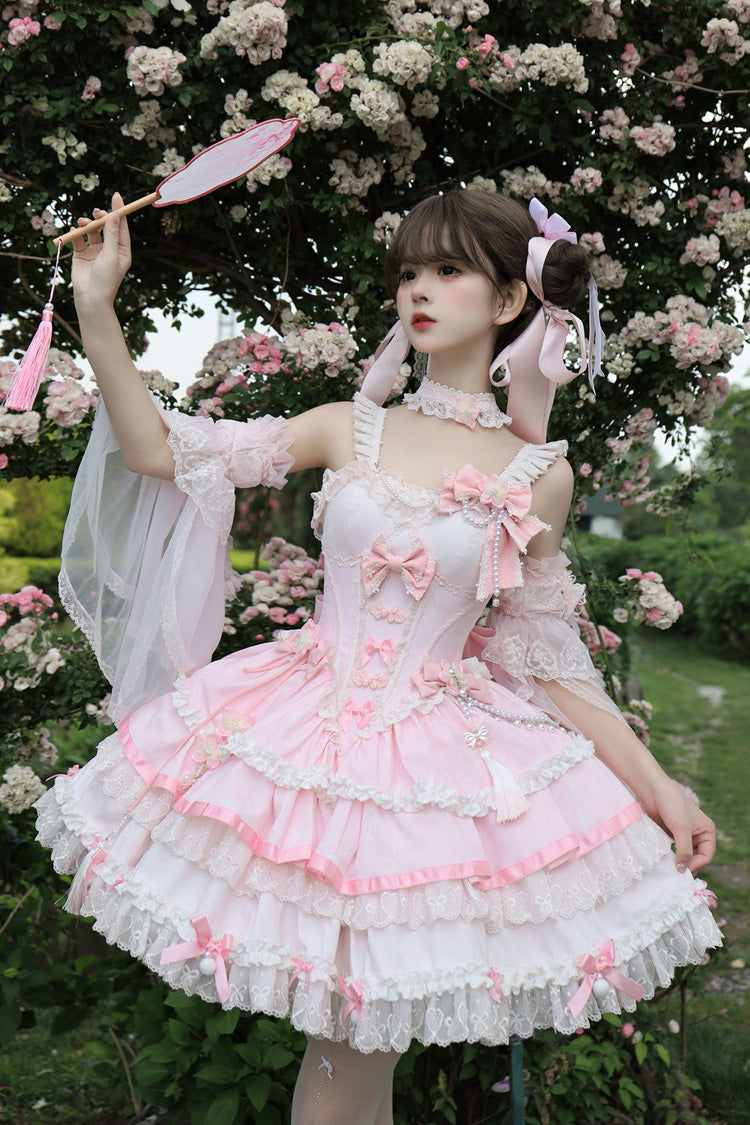 Pink [Prelude of Spring Cherry] Square Collar Sleeveless Multi-Layered Jacquard Ruffled Bow Lace Pearl-Decorated Sweet Lolita Jsk Dress