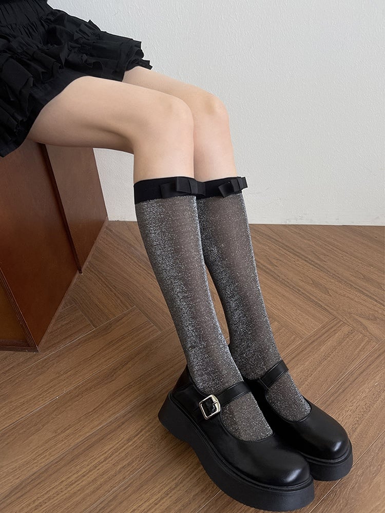 Bowknot Light Grey/Black Stockings Details Semi-sheer Underknee