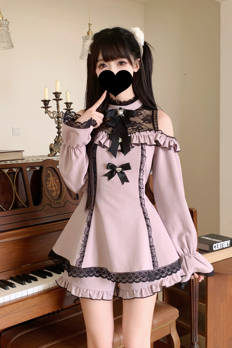 Sweet Off Shoulder Halterneck Long Sleeve Ruffled Bow Lace Jirai Kei Dress Shorts Set