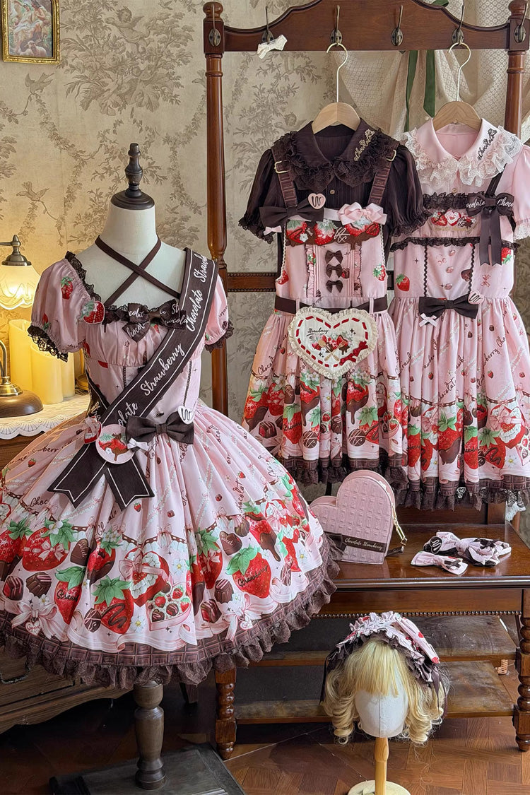 Chocolate Lover Square Collar Printed Bow Lace Sweet Lolita Dress
