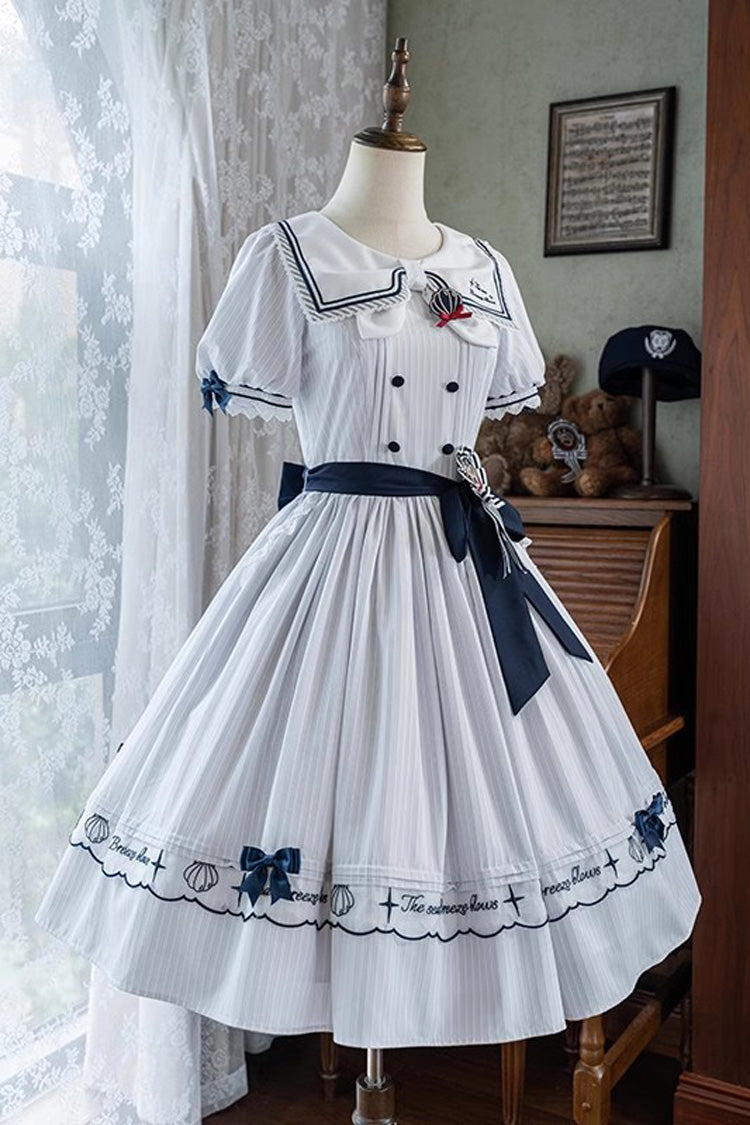 Navy Stripe Short Sleeve Ruffled Embroidery Sweet Lolita Dress