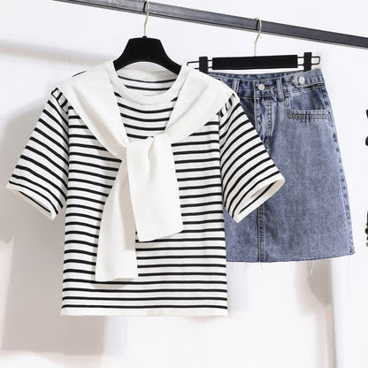 Chic Stripe Round Collar T-Shirt Denim Skirt