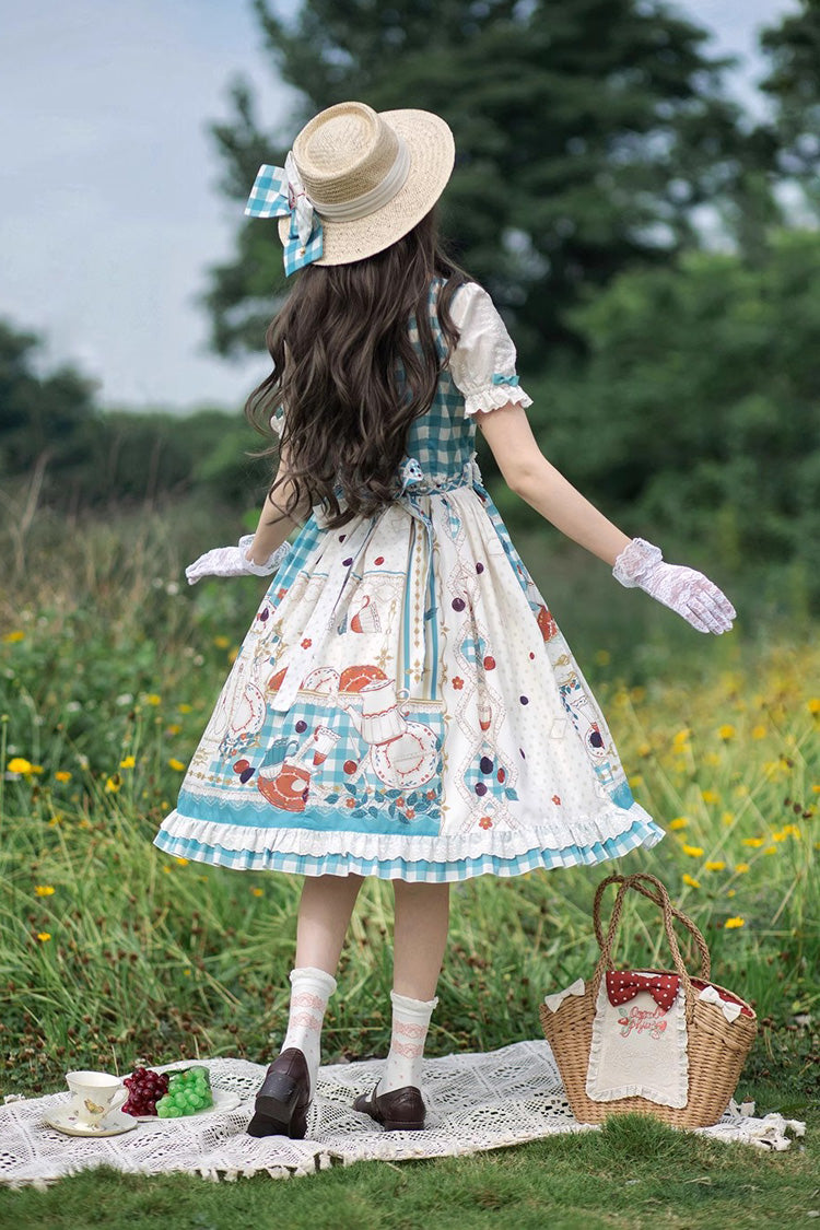 Tea Party Print Short-Sleeve Ruffle Bowknot Elegant Lolita Dress