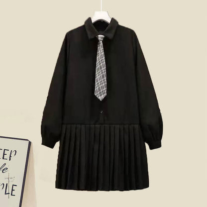 Chic Knit Vest Lapel Tie Pleated Shirt Dress Set