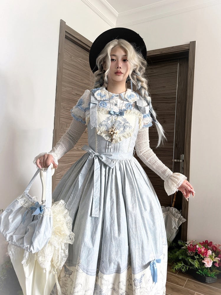 Floral Blue Lolita Jumper Skirt Print and Titmouse