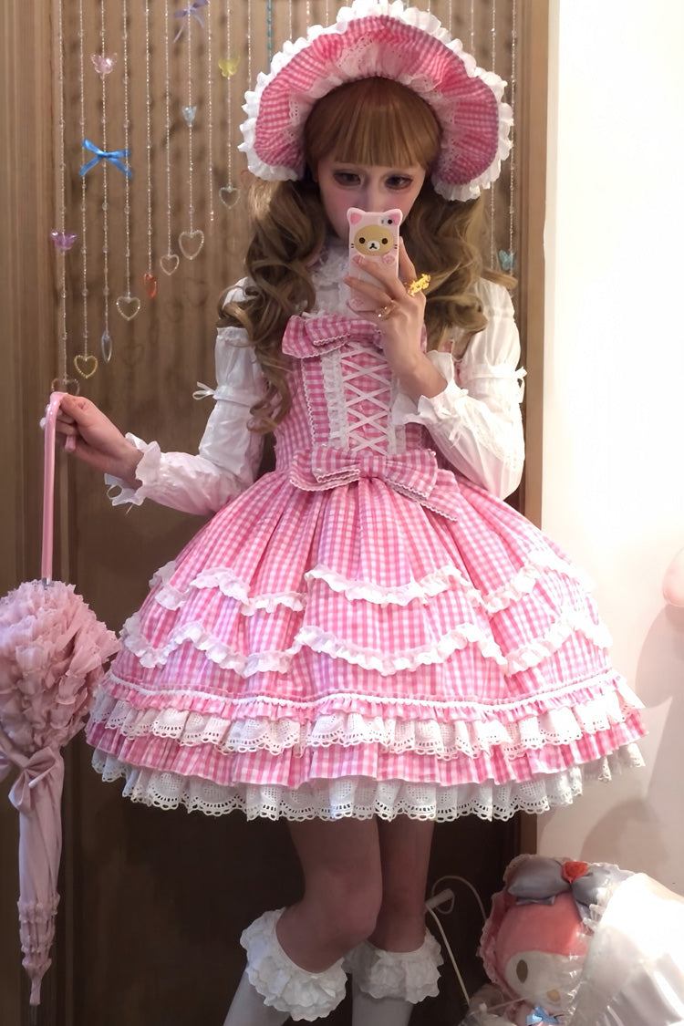 Pink Plaid Floral Ruffle Lace Up Sweet Lolita Dress